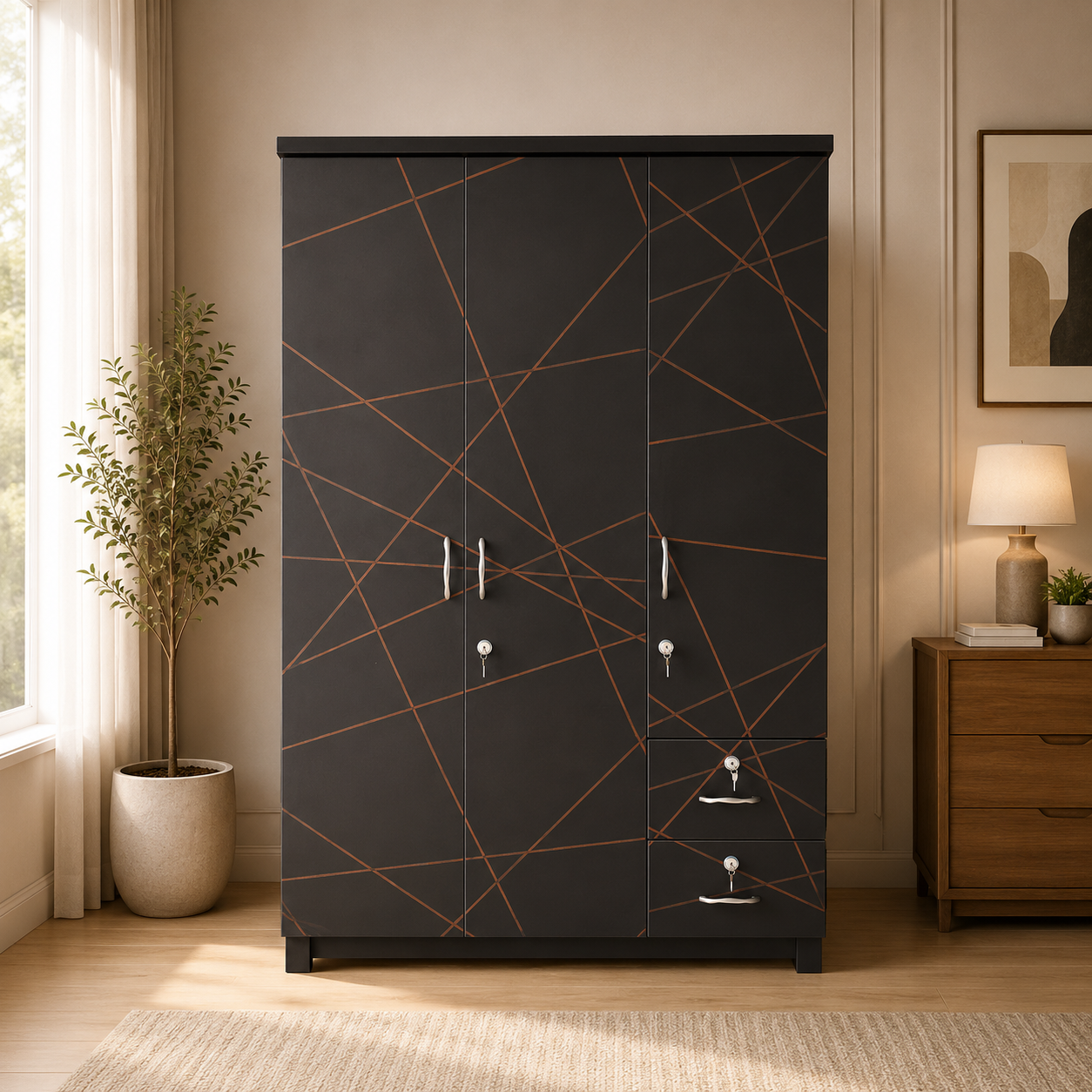 Wooden Wardrobe with Drawers & Lockable Storage