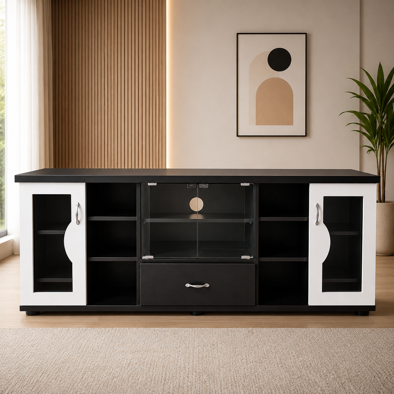 Modern Wooden TV Unit with Glass Display Cabinet