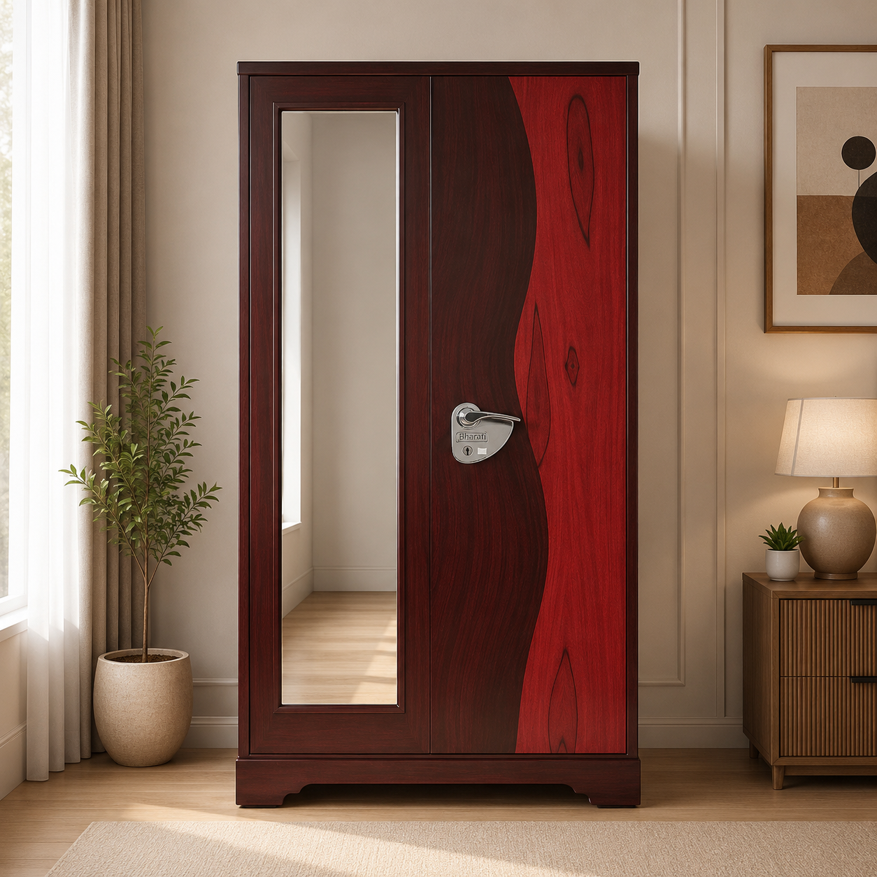 Mirror Steel Wardrobe with Designer Wood Finish