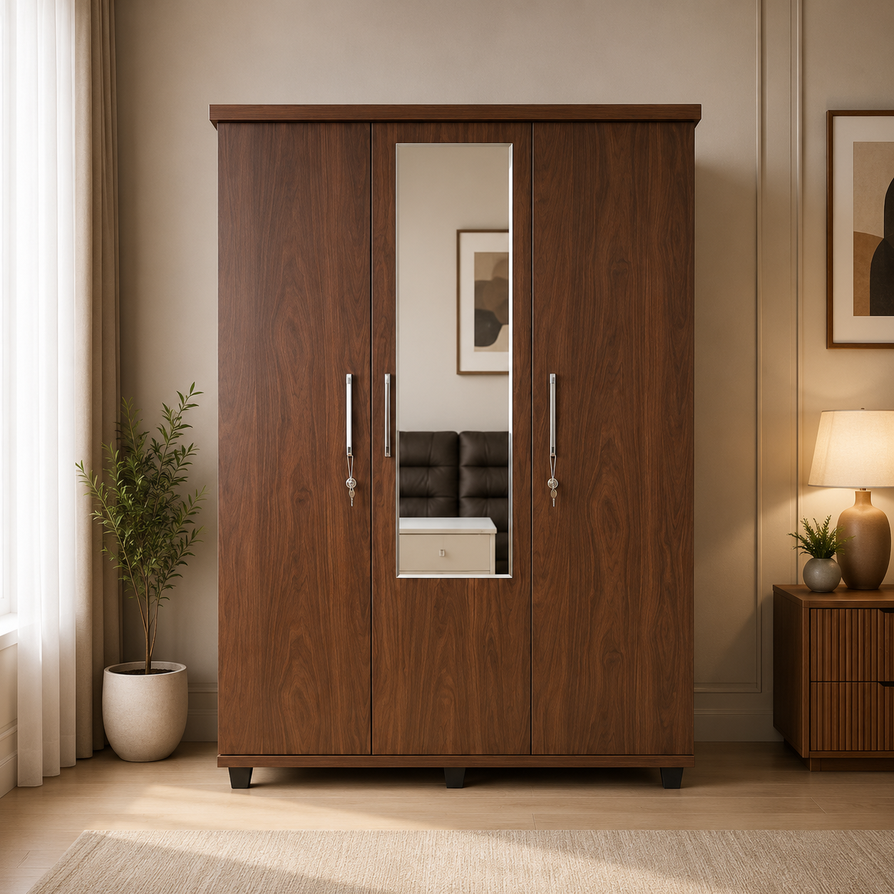 3 Door Wooden Wardrobe with Mirror