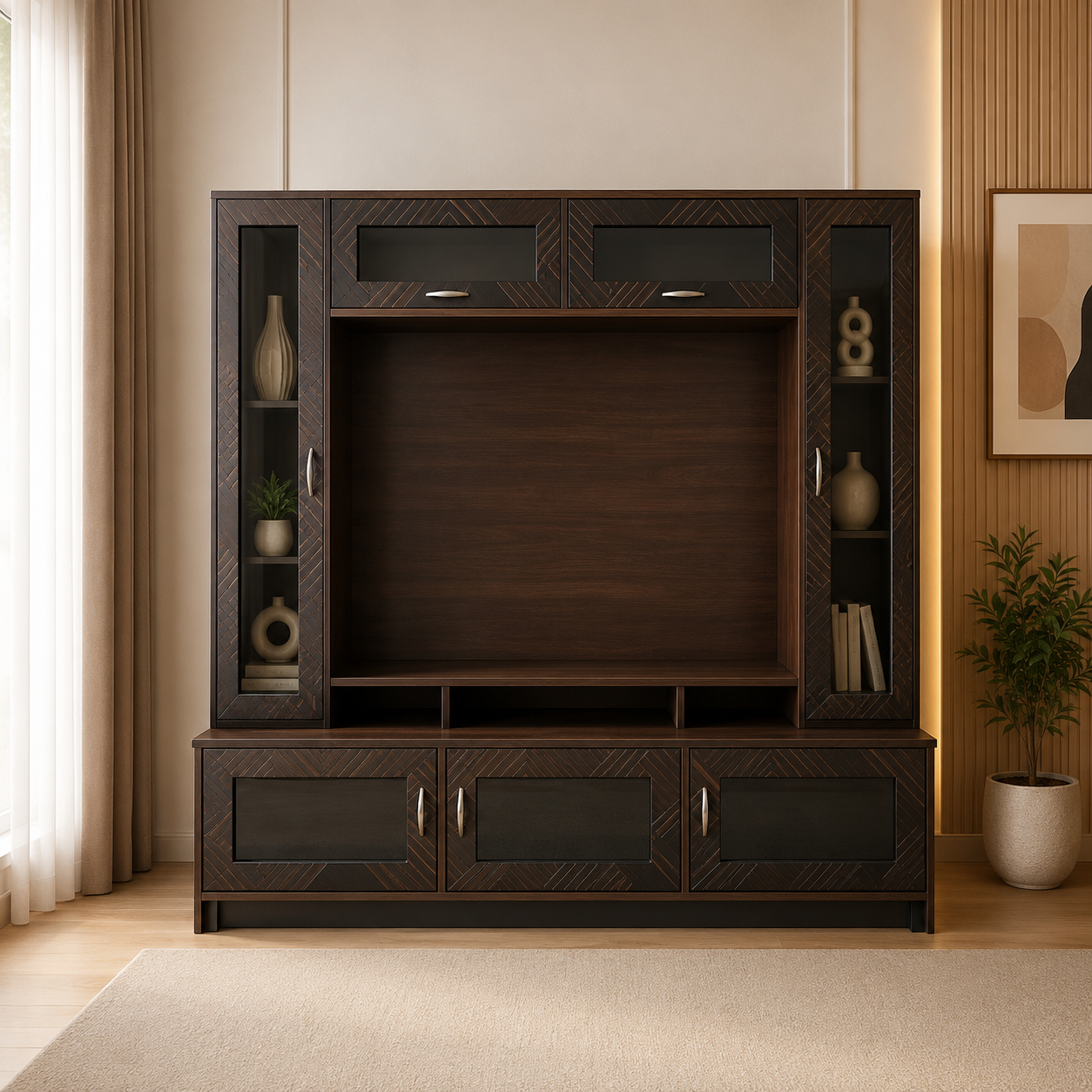 Modern Wooden TV Entertainment Unit with Display Shelves
