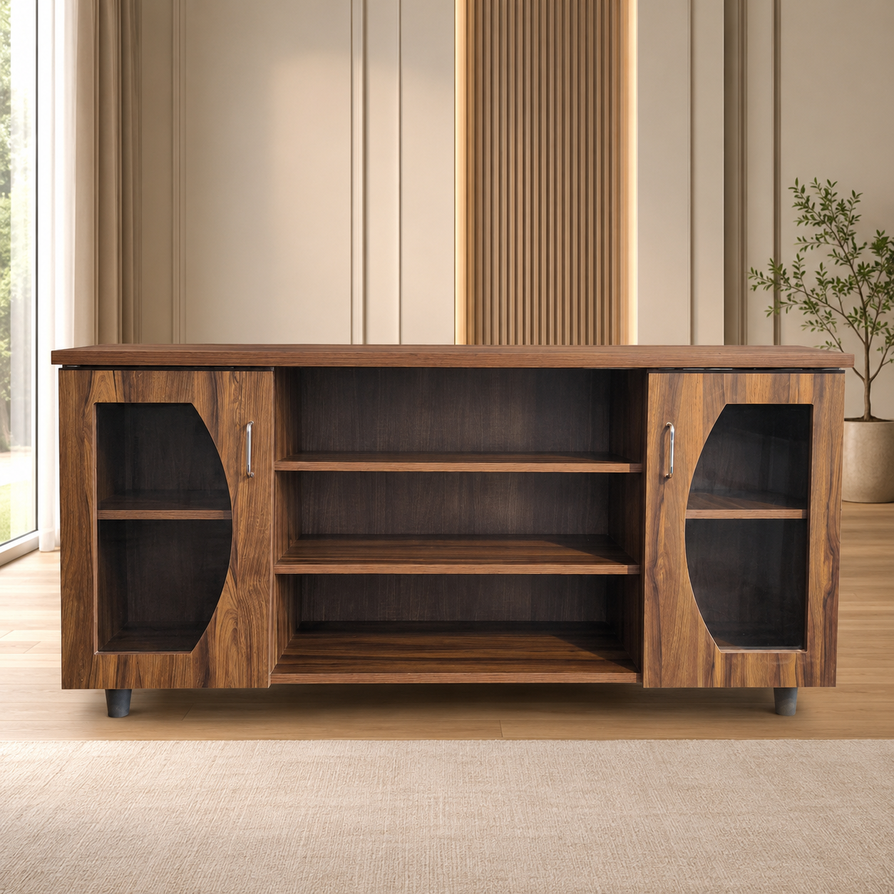 Modern Wooden TV Unit with Glass Display Cabinets