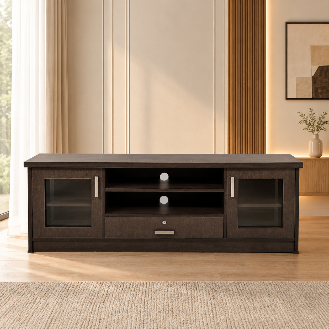 Modern Wooden TV Unit with Glass Storage Cabinets