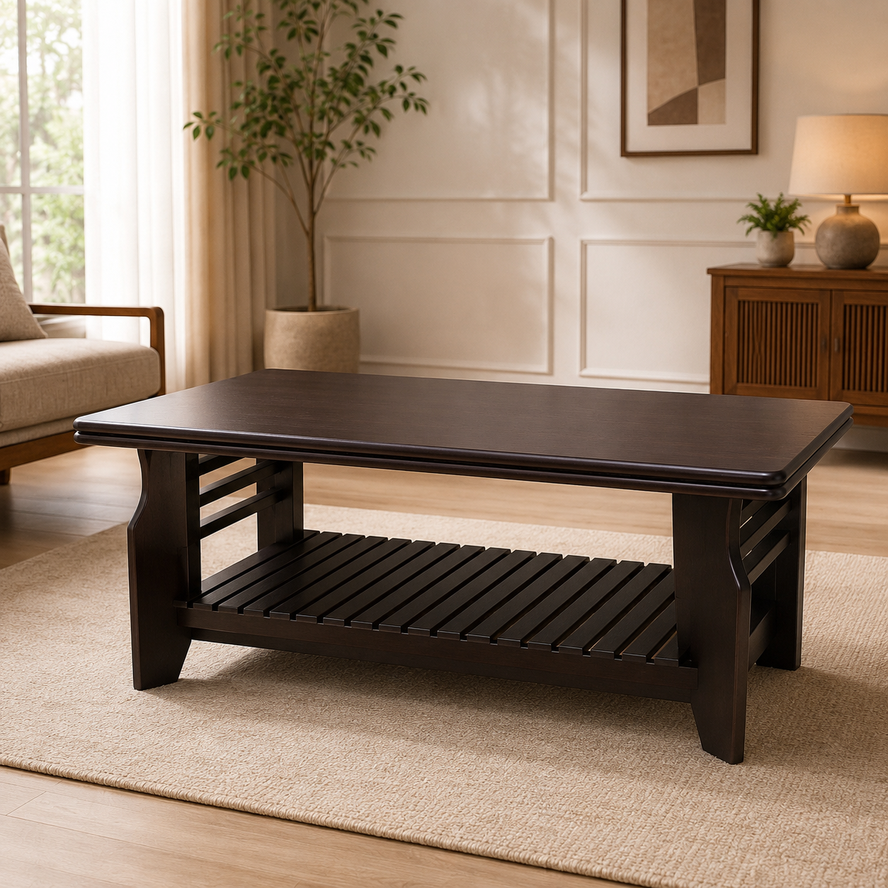 Classic Wooden Coffee Table with Bottom Storage Shelf thumbnail 1