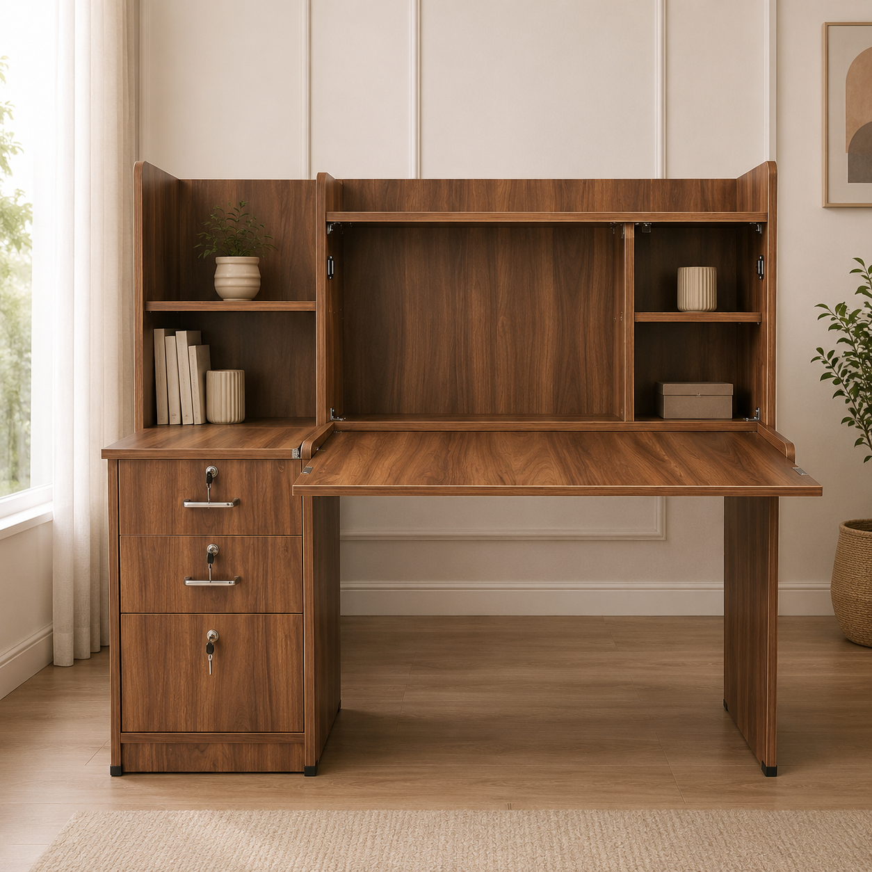 Wooden Study Table with Storage Cabinet & Hutch
