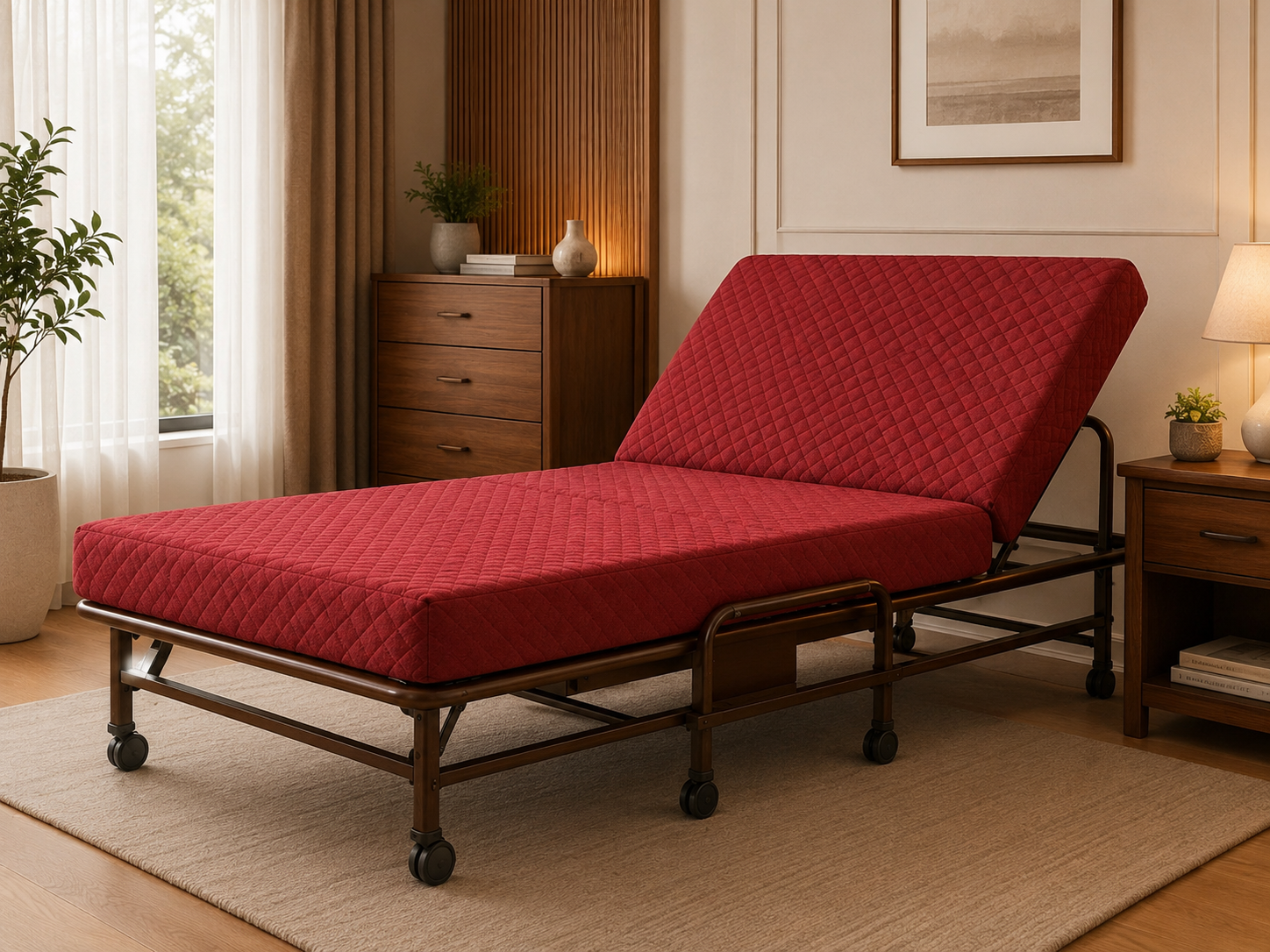 Foldable Portable Cot with Adjustable Backrest & Wheels thumbnail 0
