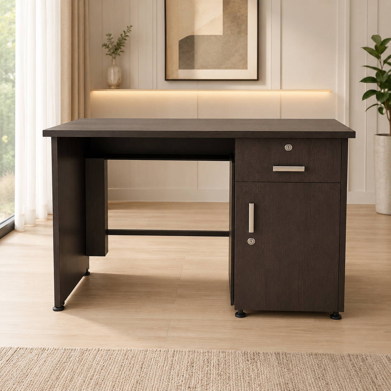 Compact Office Desk with Lockable Drawer & Cabinet | Modern Wooden Workstation