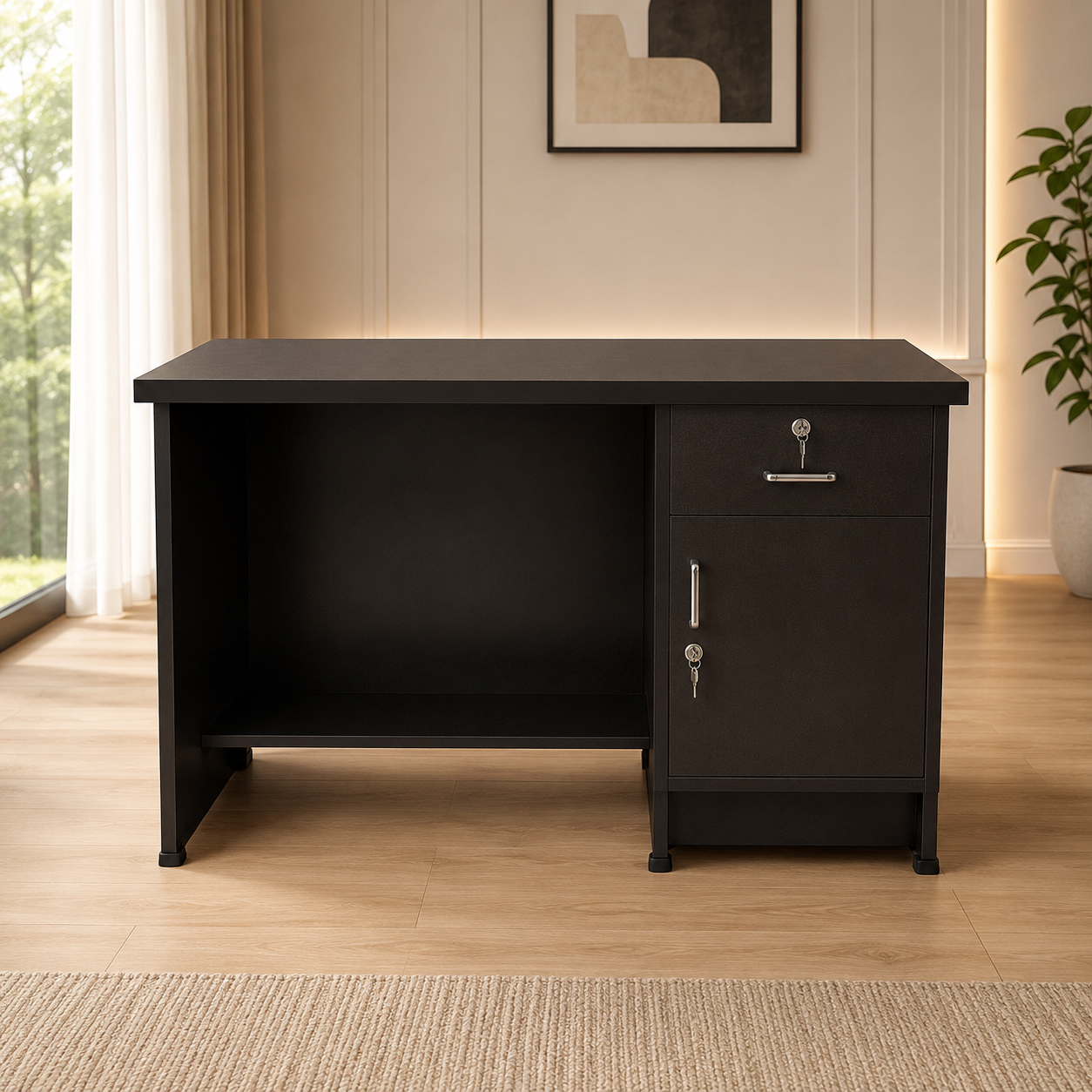 Compact Executive Office Desk | Wooden Office Table with Lockable Drawer & Storage Cabinet