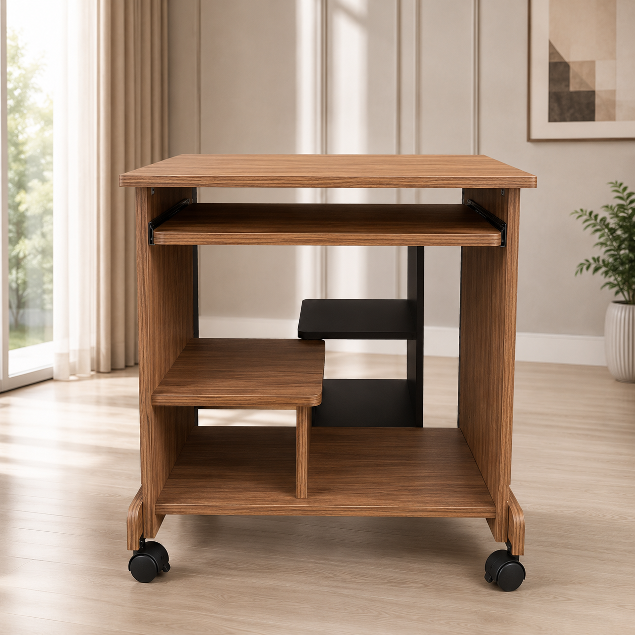 Compact Mobile Computer Table | Wooden Computer Desk with Keyboard Tray & Storage Shelves