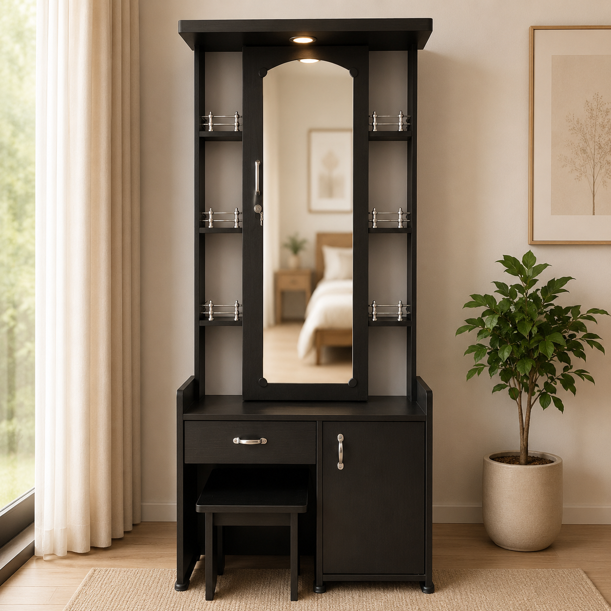 Modern Wooden Dressing Table with Mirror, Storage Cabinet & Drawer