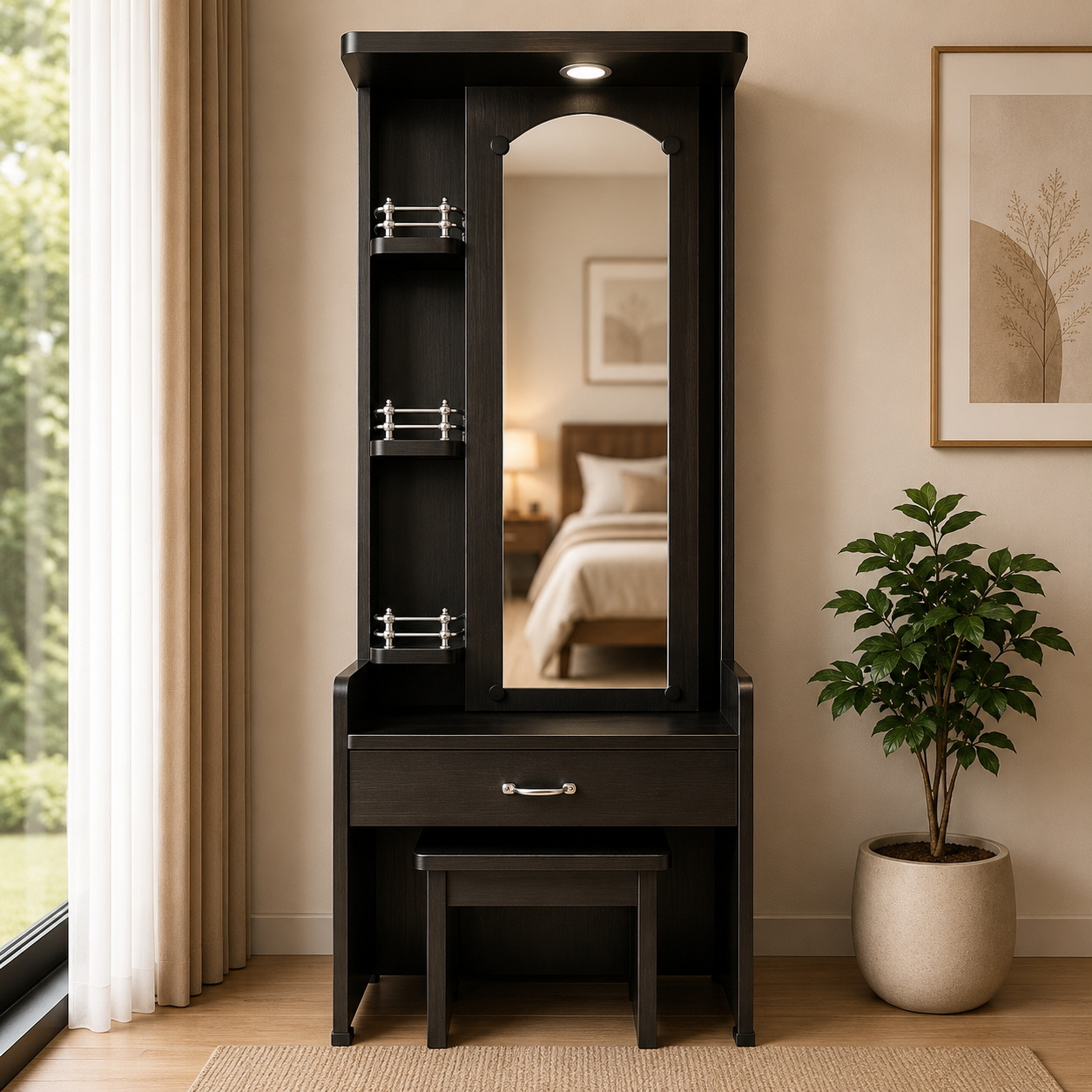 Modern Wooden Dressing Table with Mirror, Drawer & Stool