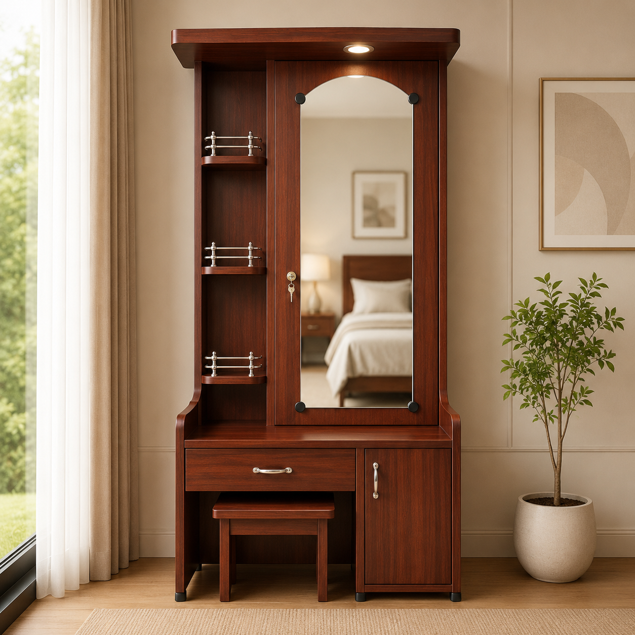 Premium Wooden Dressing Table with Mirror, Storage Cabinet & Stool
