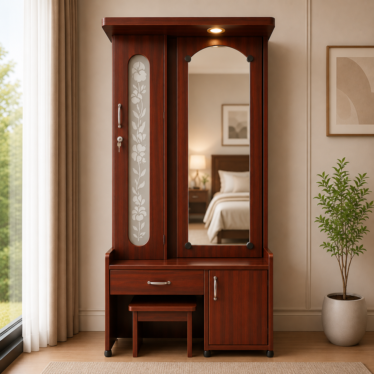 Premium Wooden Dressing Table with Decorative Glass Panel, Mirror, Storage Cabinet & Stool