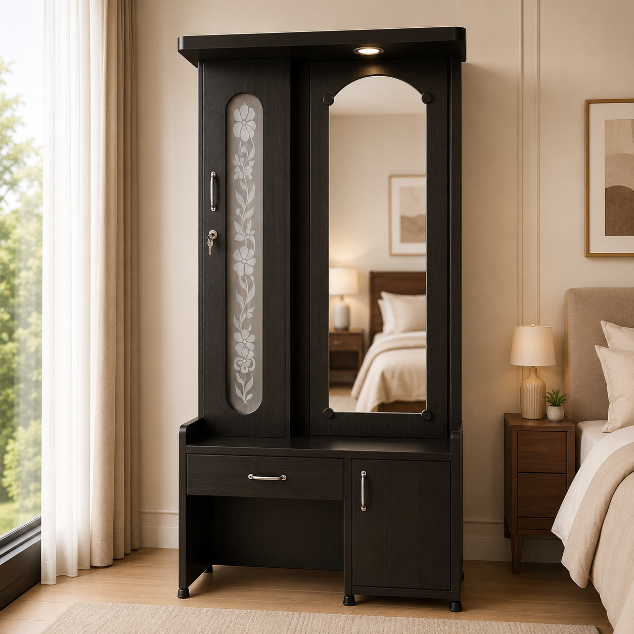 Premium Black Wooden Dressing Table with Decorative Glass Panel, Mirror & Storage Cabinet