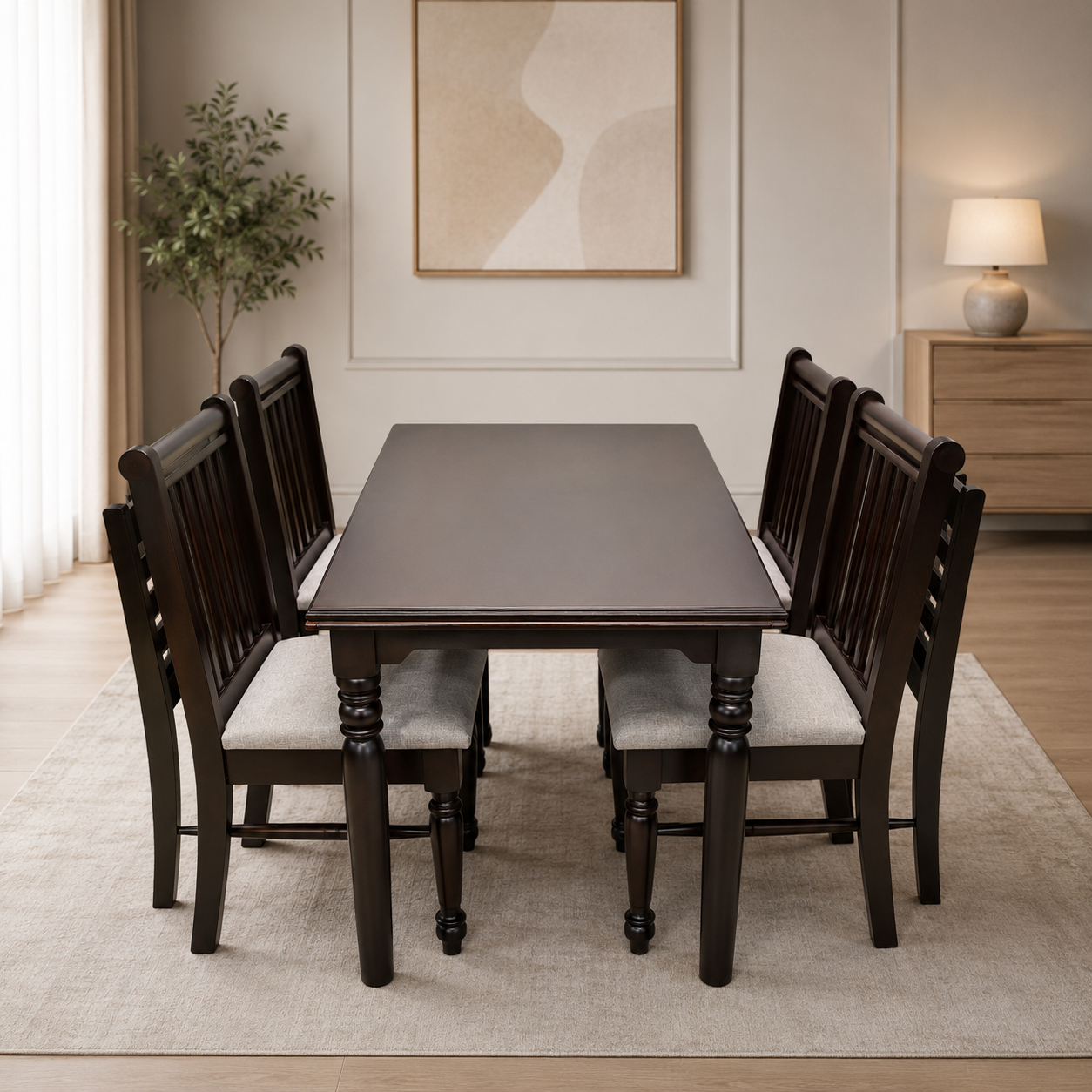 Premium 4-Seater Wooden Dining Table Set with Cushioned Chairs – Dark Walnut Finish