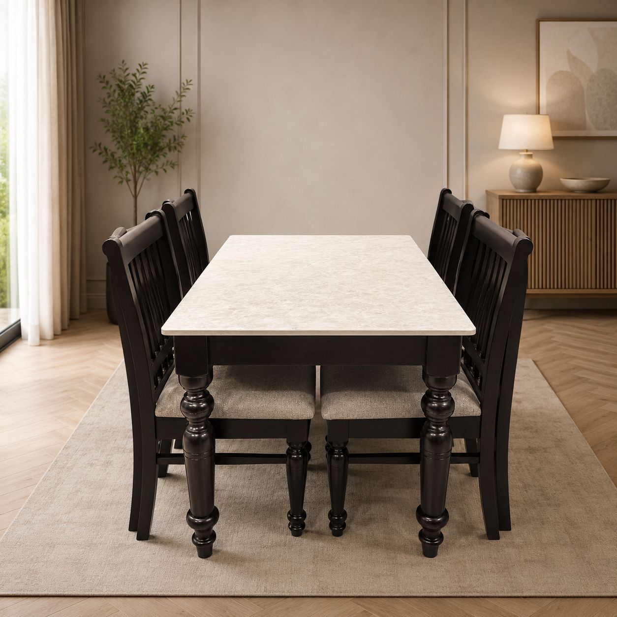 Premium 4-Seater Marble Top Wooden Dining Table Set with Cushioned Chairs
