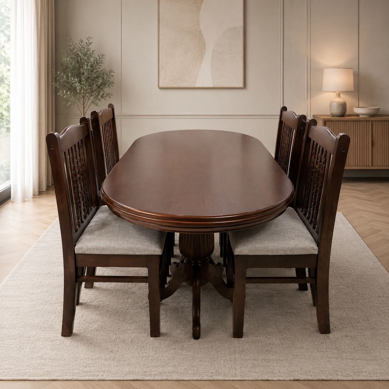 Premium 6-Seater Oval Wooden Dining Table Set with Cushioned Chairs – Classic Walnut Finish thumbnail 0