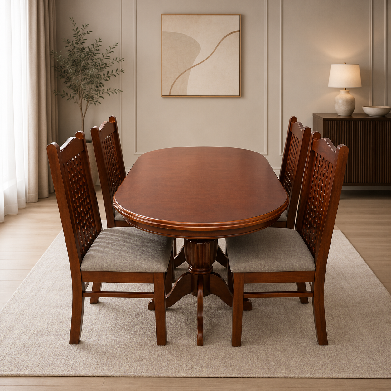 Premium 6-Seater Oval Wooden Dining Table Set with Cushioned Chairs – Classic Walnut Finish thumbnail 1