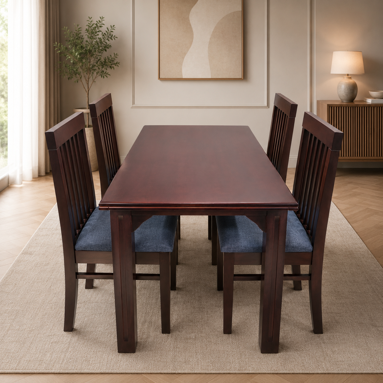 Premium 6-Seater Wooden Dining Table Set with Cushioned Chairs – Dark Walnut Finish