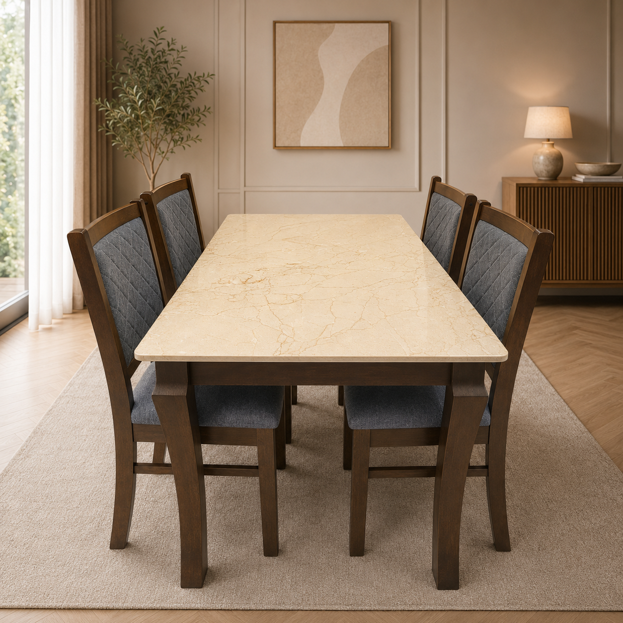 Premium 6-Seater Wooden Dining Table Set with Marble Finish Top & Cushioned Chairs