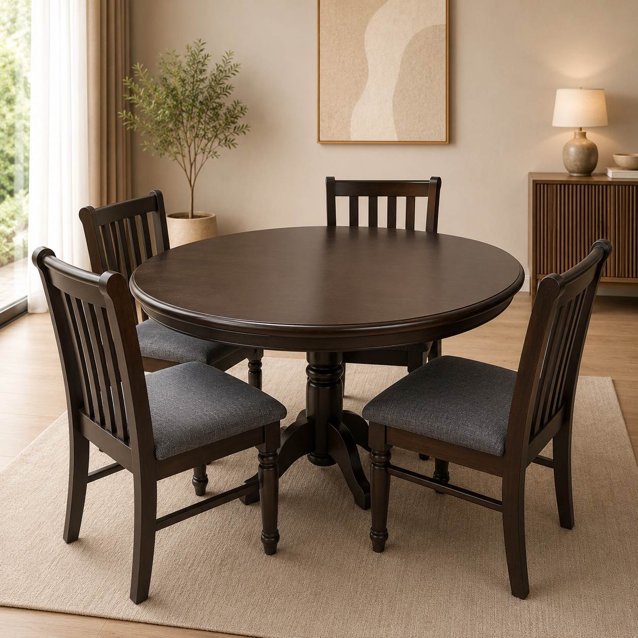 Premium 4-Seater Round Wooden Dining Table Set with Cushioned Chairs