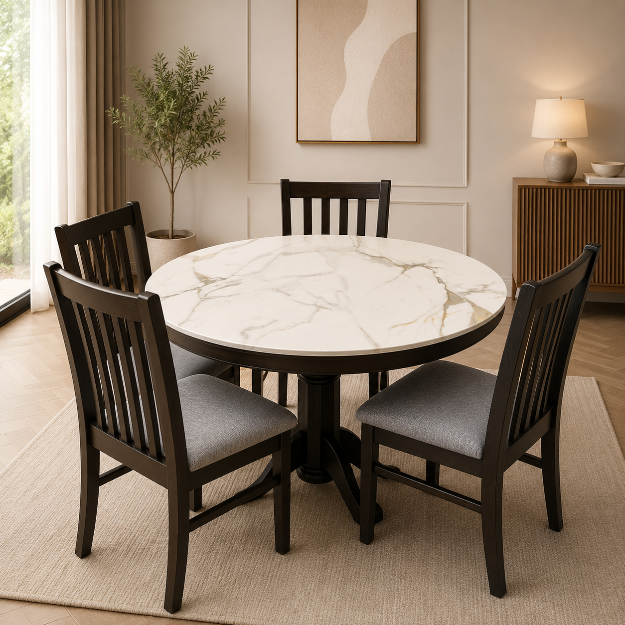 Premium 4-Seater Round Wooden Dining Table Set with Cushioned Chairs thumbnail 1