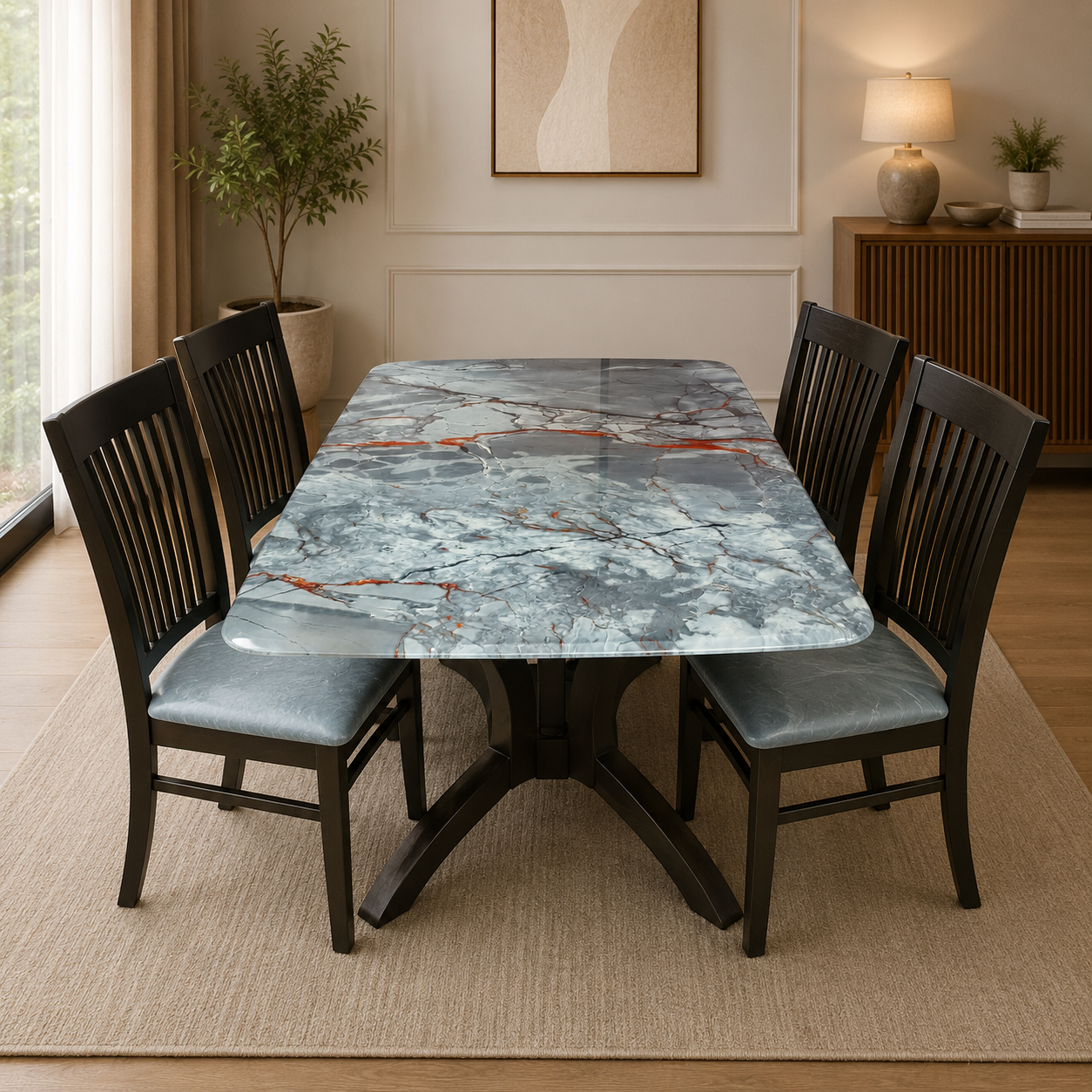 Premium 6-Seater Wooden Dining Table Set with Marble Finish Top & Upholstered Chairs
