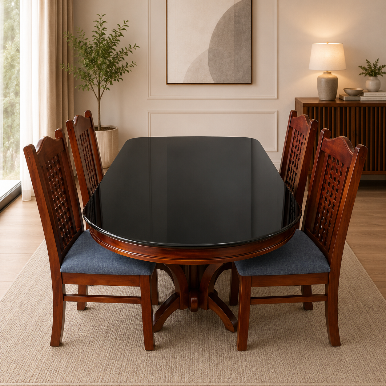 Premium 6-Seater Wooden Dining Table Set with Black Glass Top & Cushioned Chairs