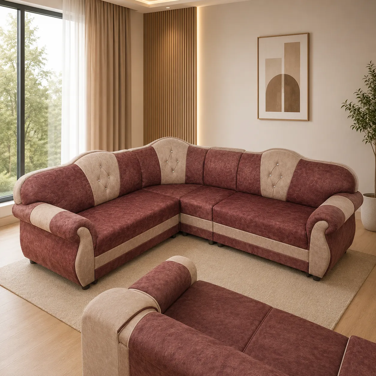 Classic L-Shape Corner Sofa Set with Dual-Tone Upholstery – Maroon & Beige