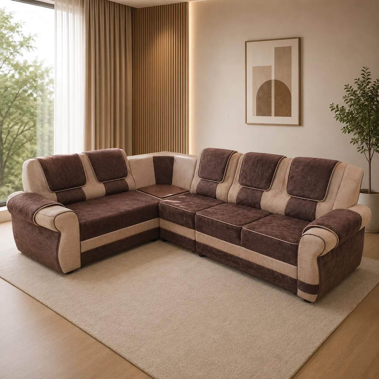 Classic L-Shape Corner Sofa with Contrast Upholstery & Corner Table – Brown & Beige