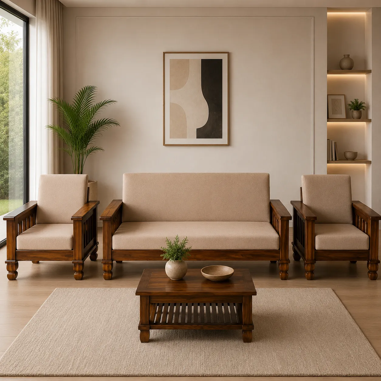 Classic Solid Wooden 1+3+1 Sofa Set with Premium Beige Fabric Upholstery