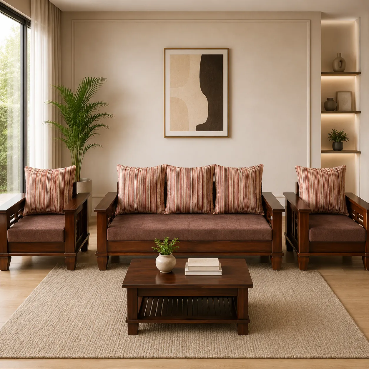 Classic Solid Wooden 1+3+1 Sofa Set with Premium Brown Fabric Upholstery