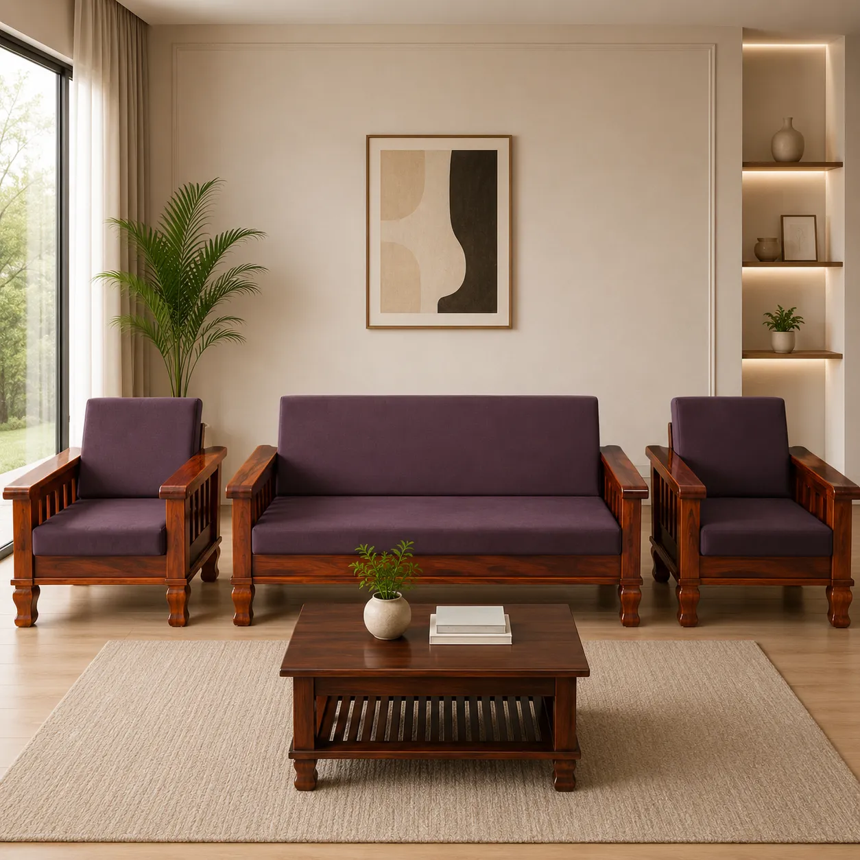 Classic Solid Wooden 1+3+1 Sofa Set with Premium Purple Fabric Upholstery