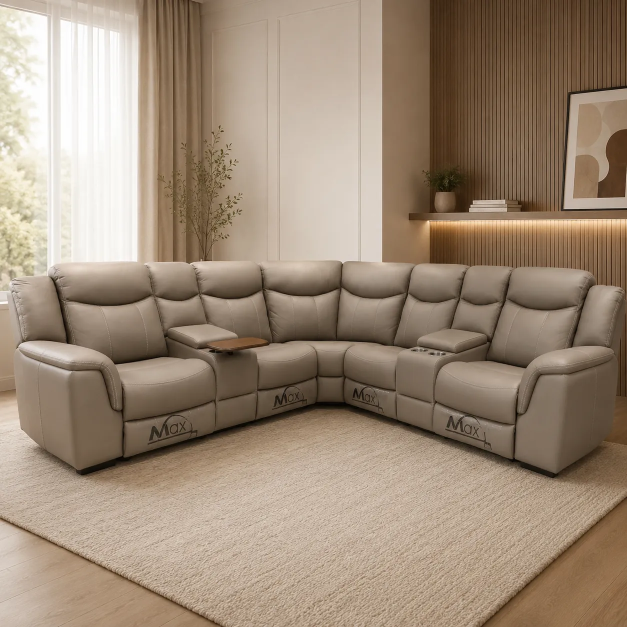 Luxury L-Shape Recliner Corner Sofa with Console & Cup Holders – Beige