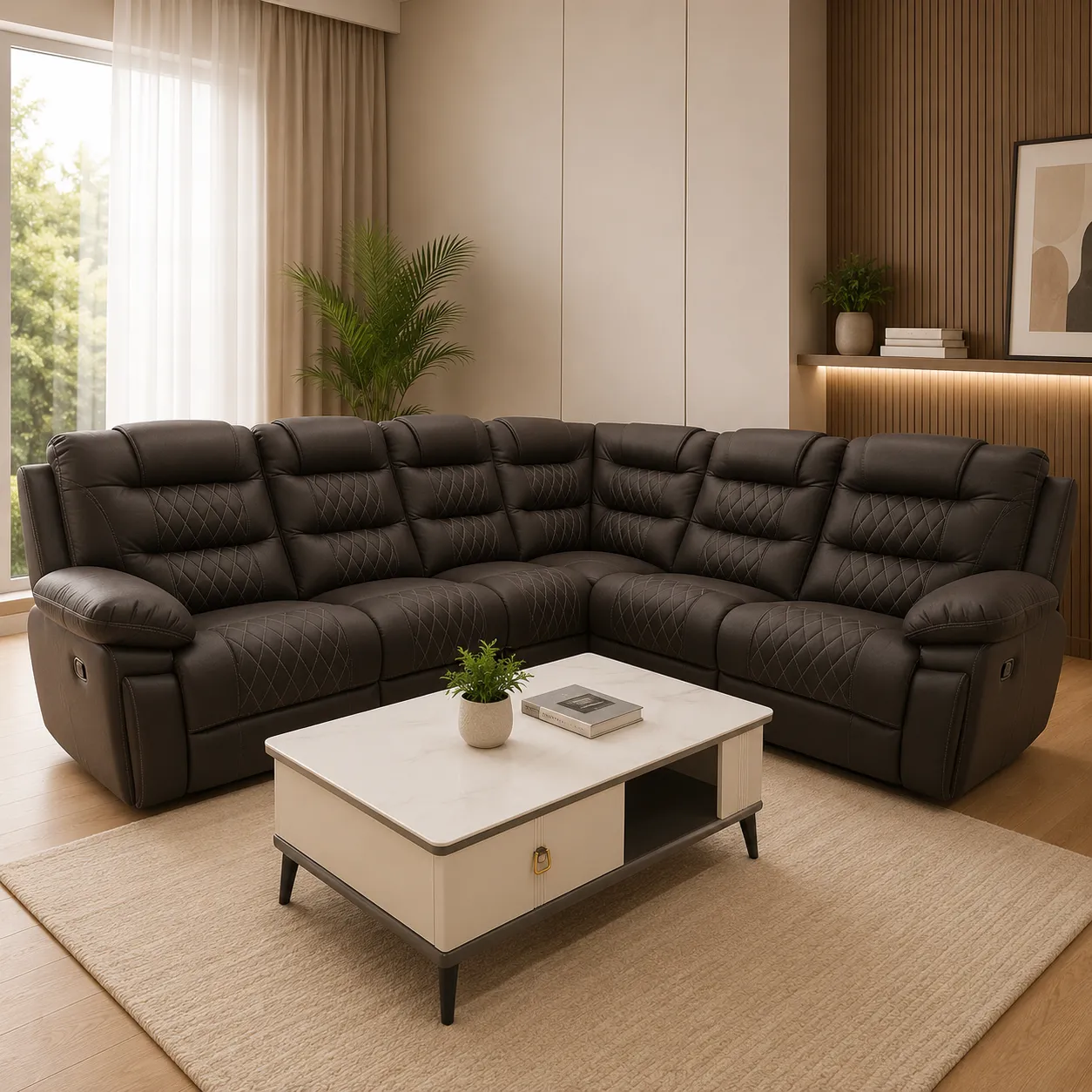 Luxury L-Shape Recliner Corner Sofa with Diamond Stitching – Dark Brown