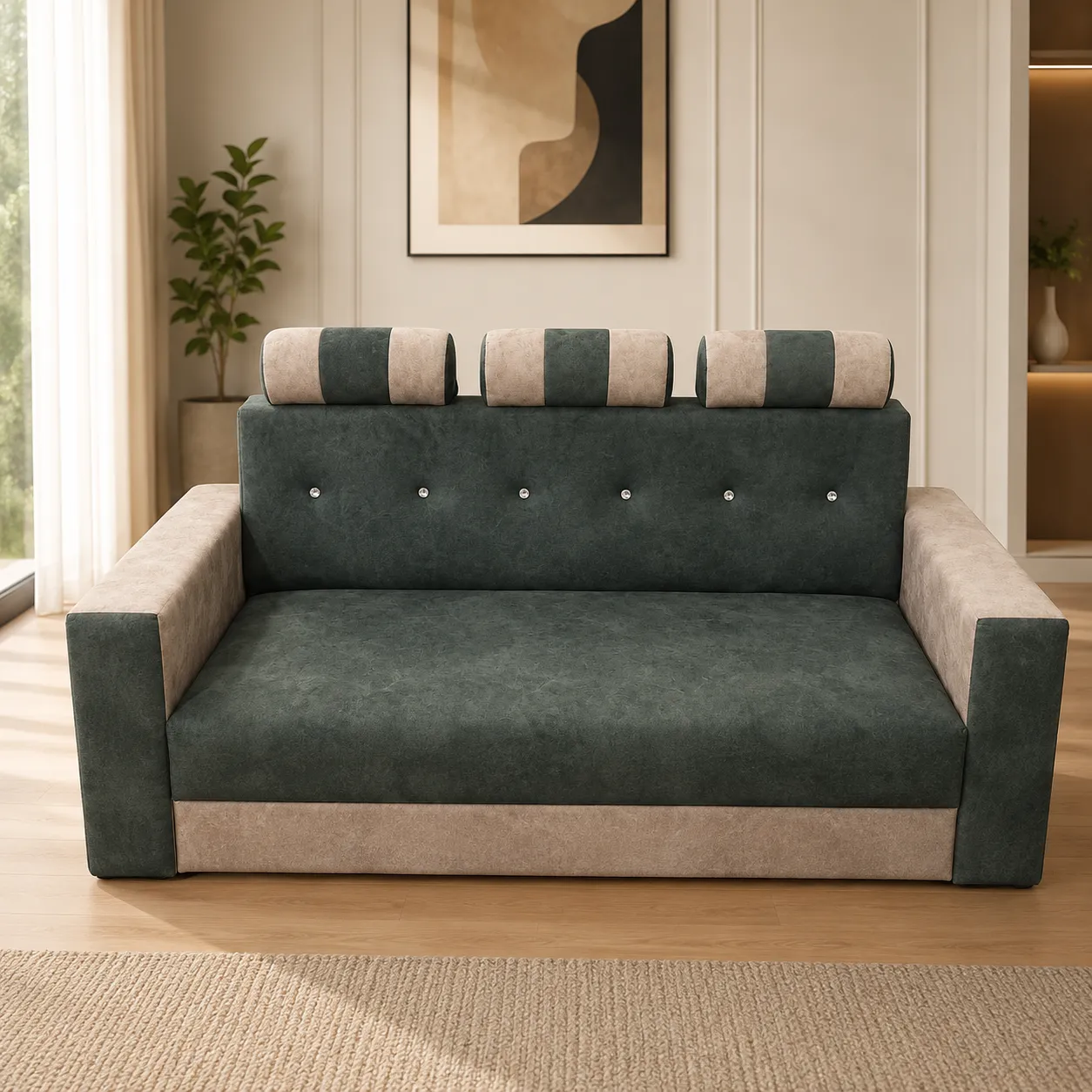 Modern Dual-Tone 3 Seater Fabric Sofa with Adjustable Headrests thumbnail 0