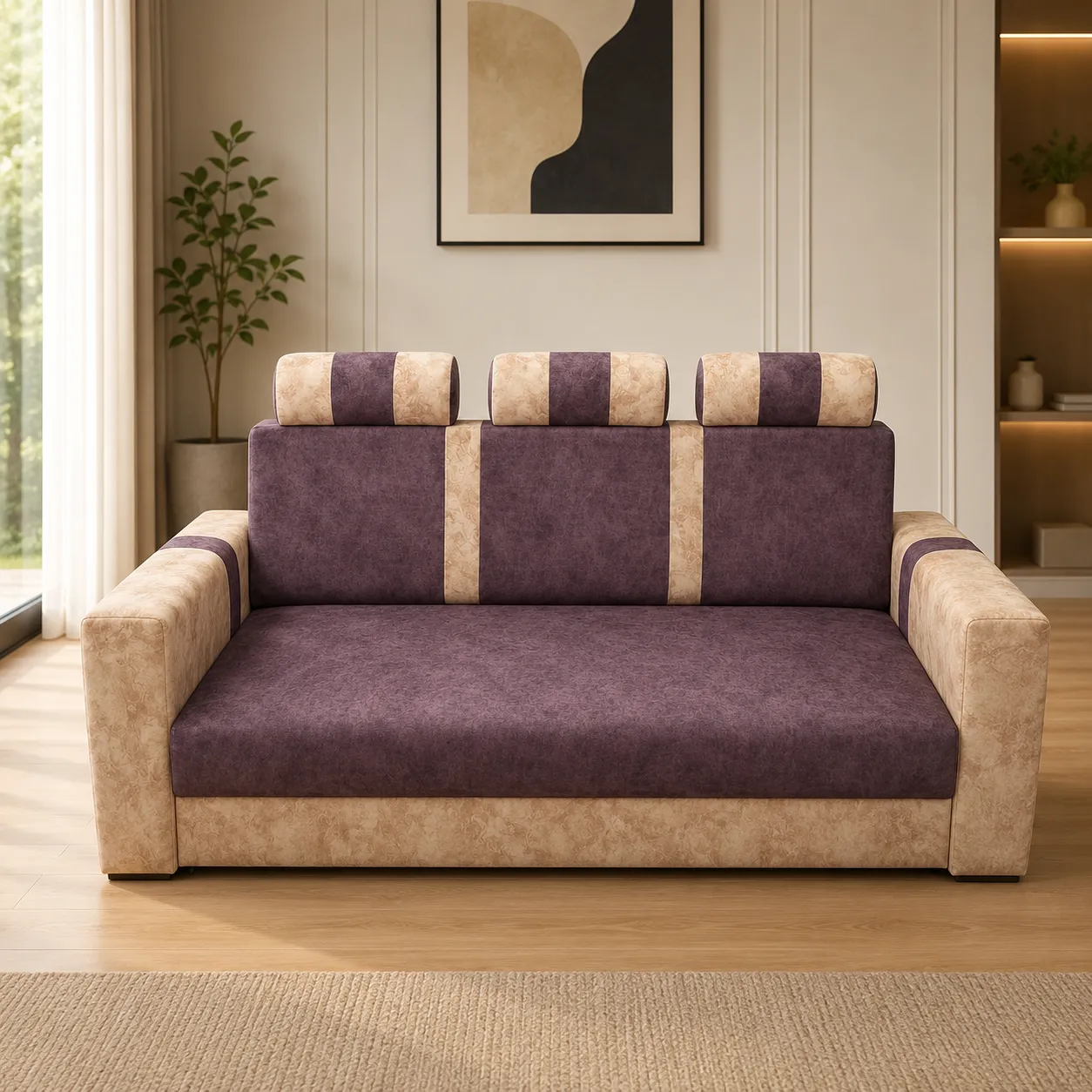 Modern Dual-Tone 3 Seater Fabric Sofa with Adjustable Headrests thumbnail 1