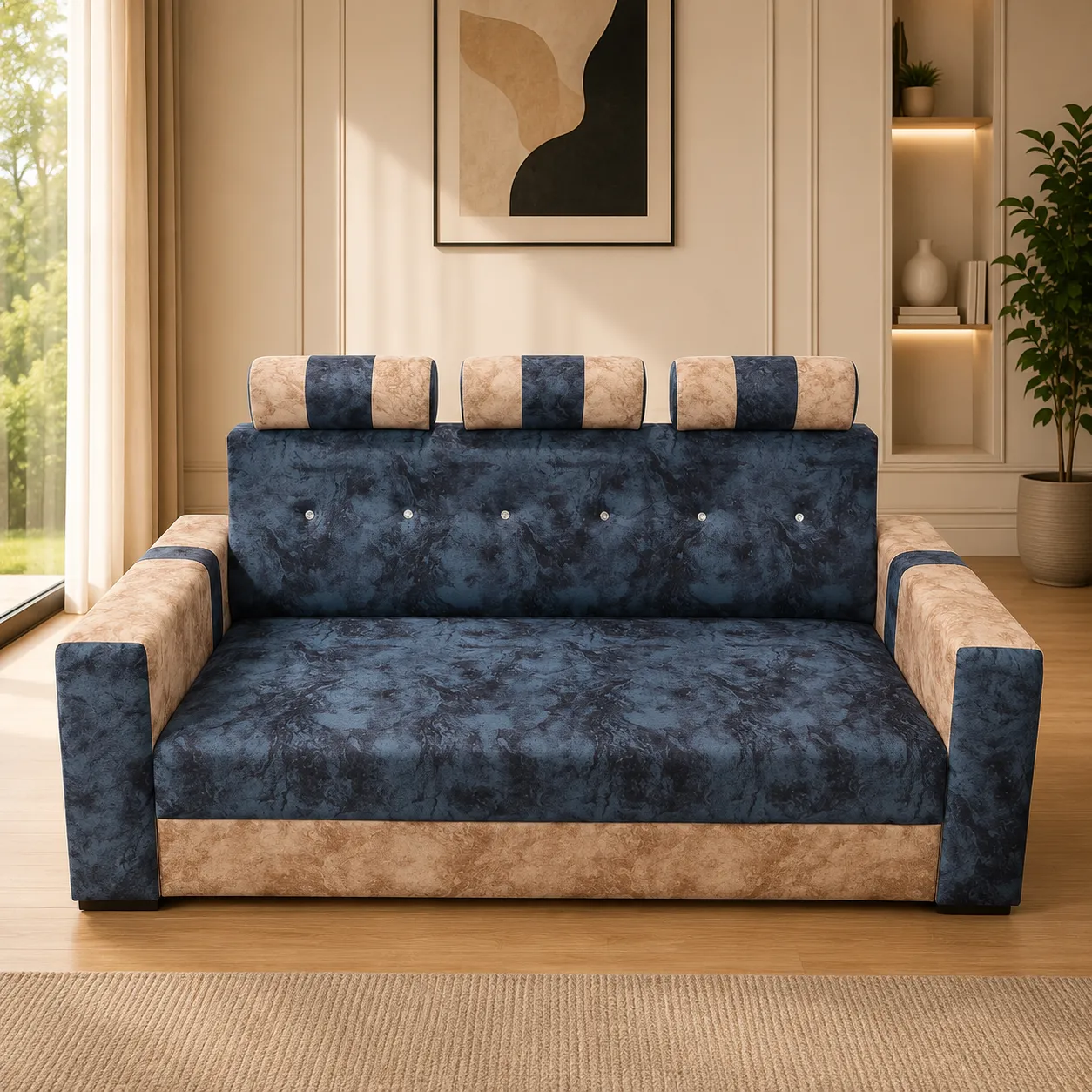 Modern Dual-Tone 3 Seater Fabric Sofa with Adjustable Headrests thumbnail 2