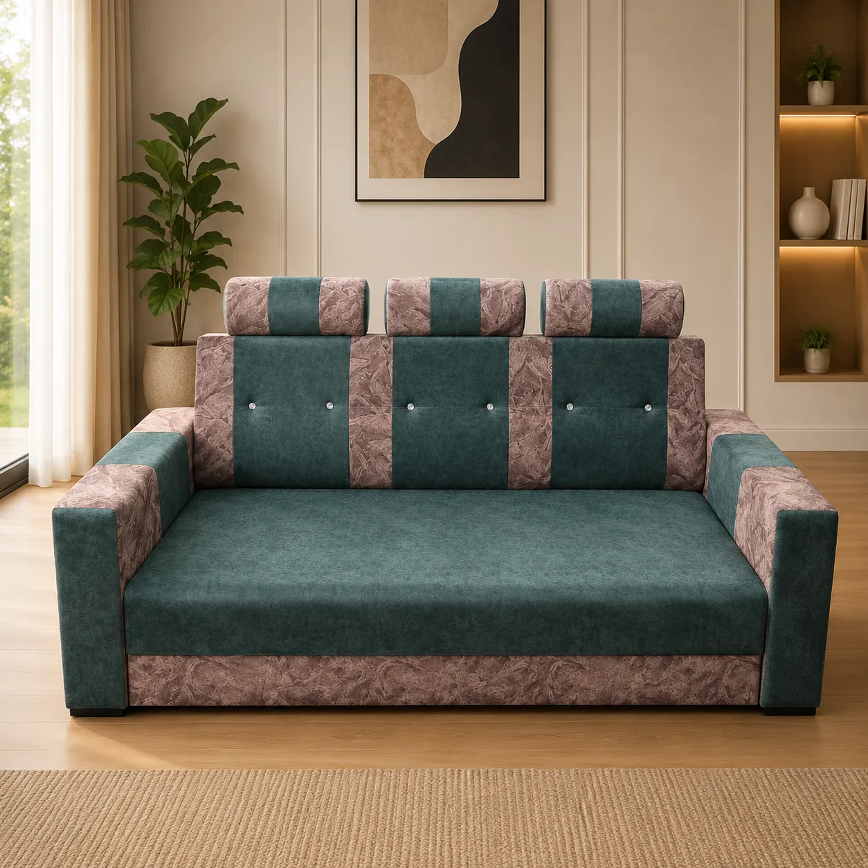 Modern Dual-Tone 3 Seater Fabric Sofa with Adjustable Headrests thumbnail 3