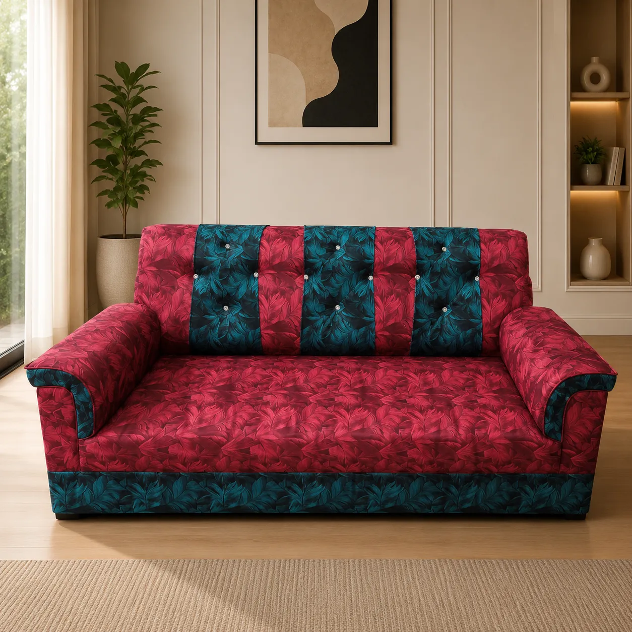 Premium Floral Print 3 Seater Fabric Sofa – Dual Tone Designer Finish