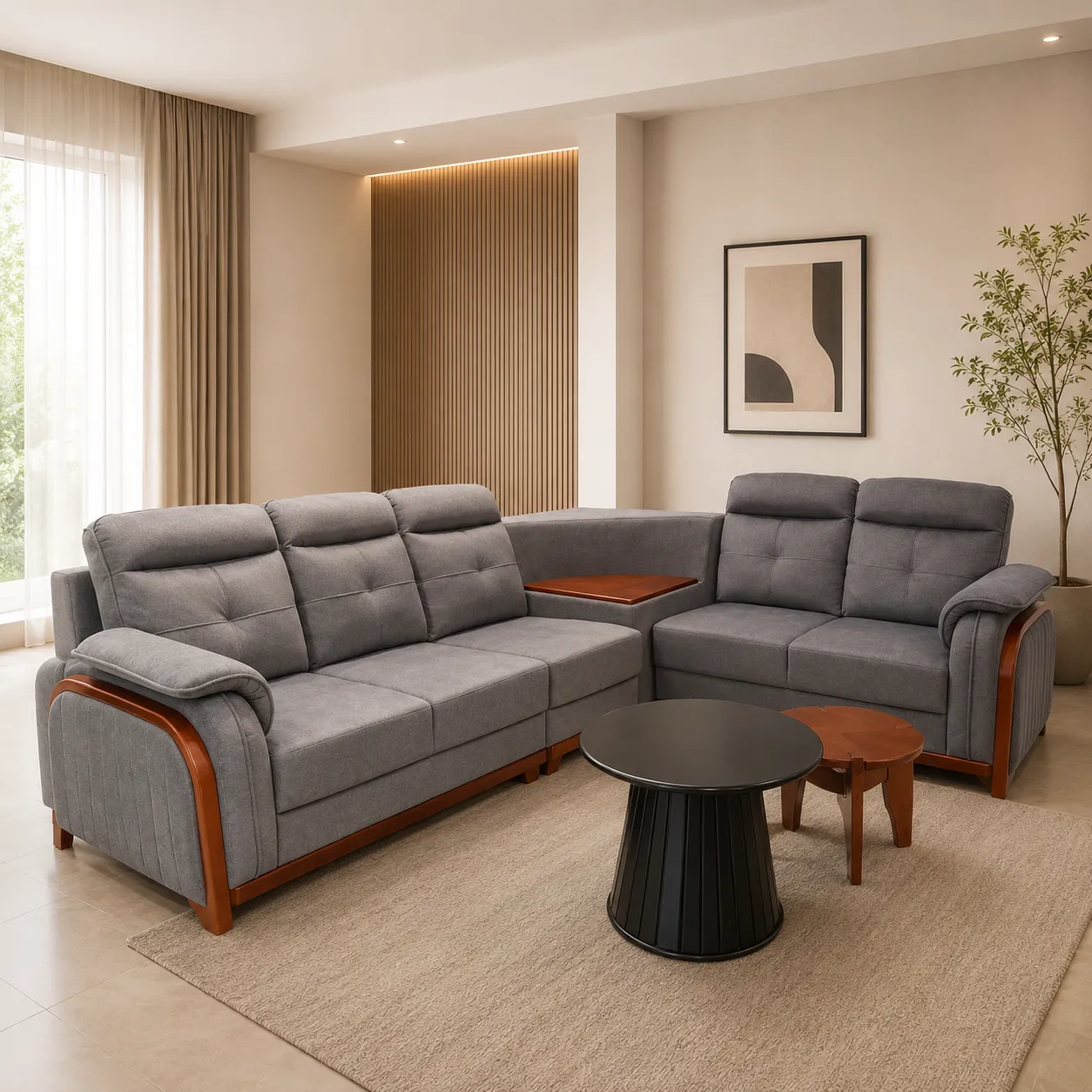 Premium Grey Fabric L-Shape Corner Sofa with Wooden Arm Accents & Corner Table