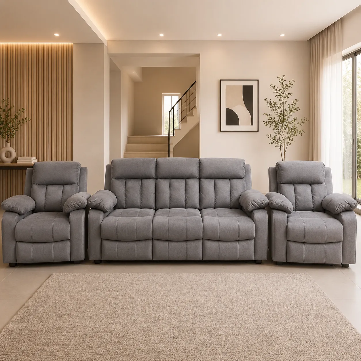 Premium Grey Recliner 1+3+1 Sofa Set with Plush Comfort Seating
