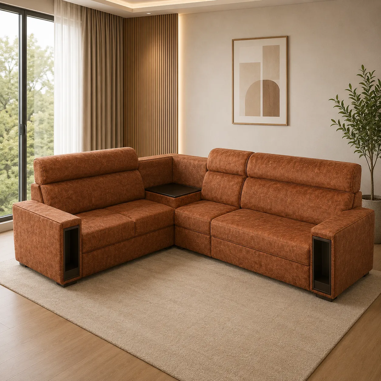 Premium L-Shape Corner Sofa with Built-in Side Storage & Corner Table – Brown