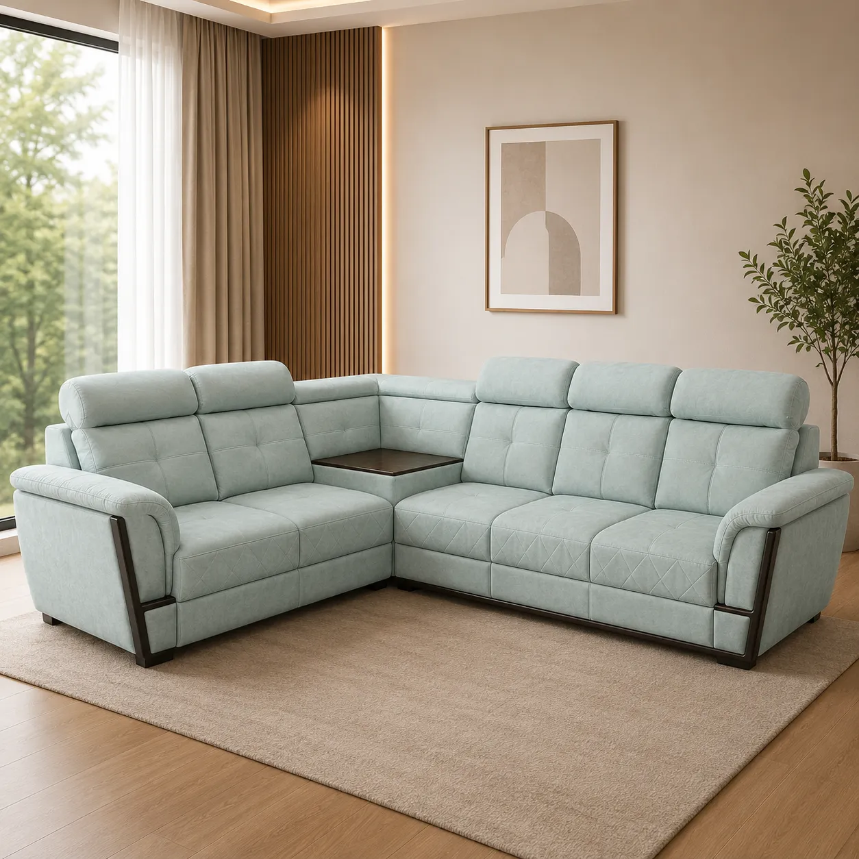 Premium L-Shape Corner Sofa with Wooden Accent Armrests & Corner Table – Light Grey