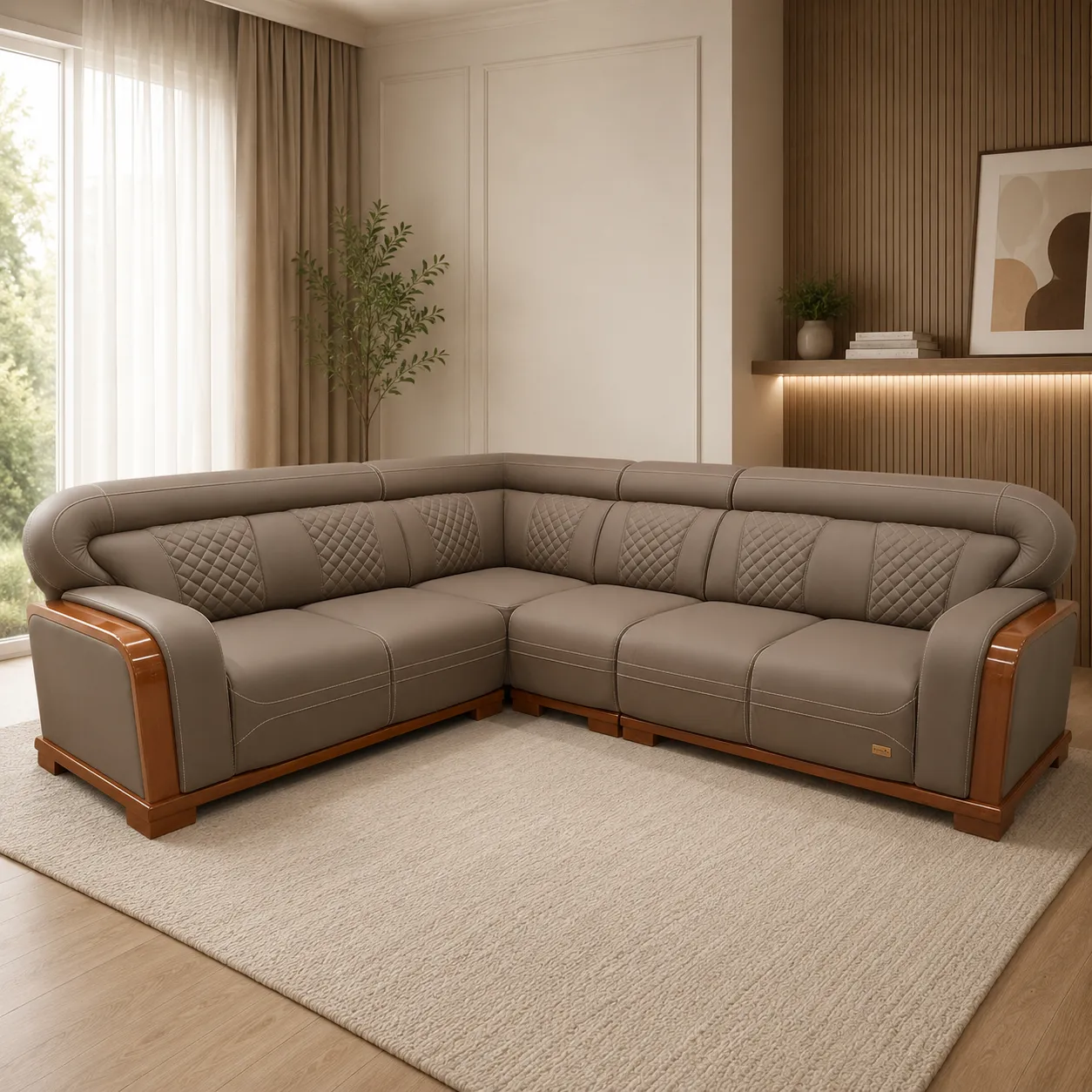 Premium L-Shape Corner Sofa with Wooden Accent Panels & Quilted Backrest – Taupe Grey