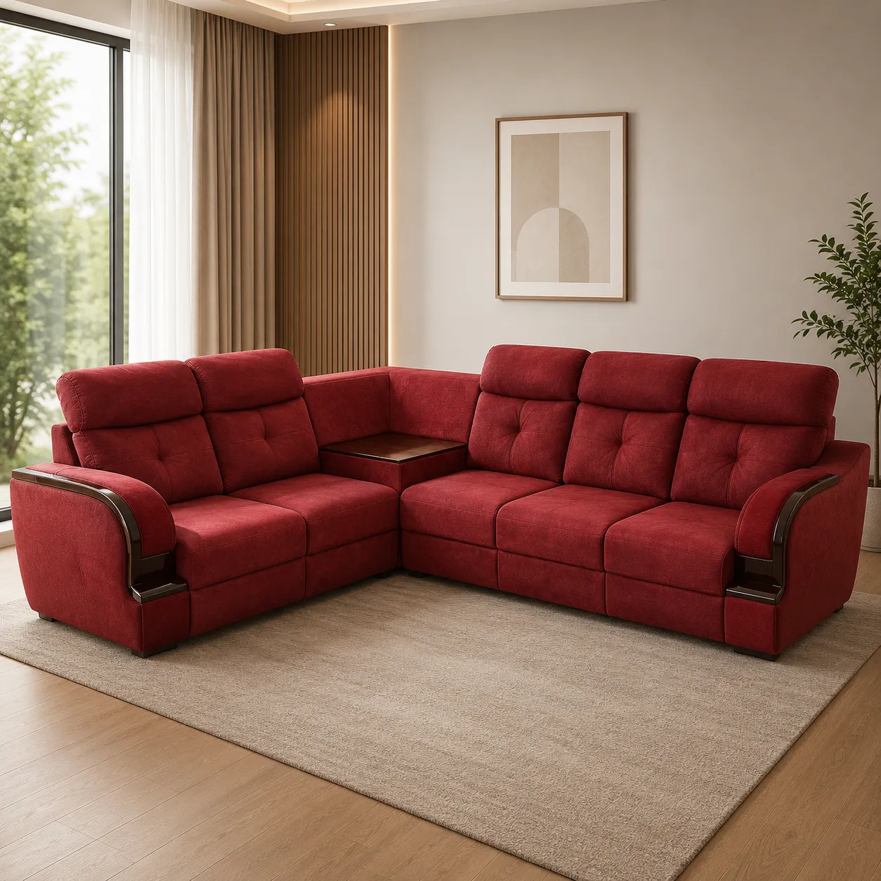 Premium L-Shape Corner Sofa with Wooden Armrests & Corner Table