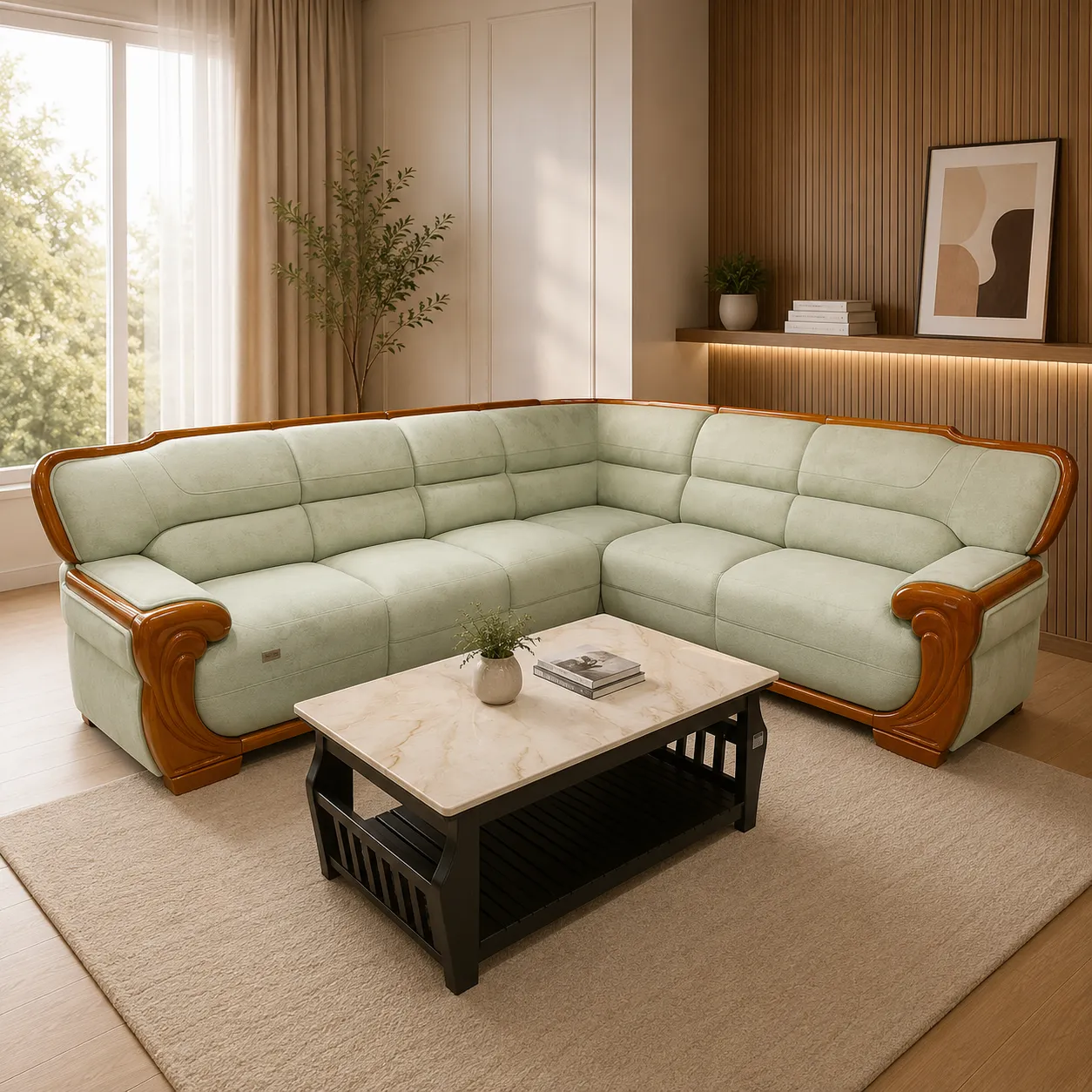 Premium L-Shape Corner Sofa with Wooden Carved Armrests – Mint Green