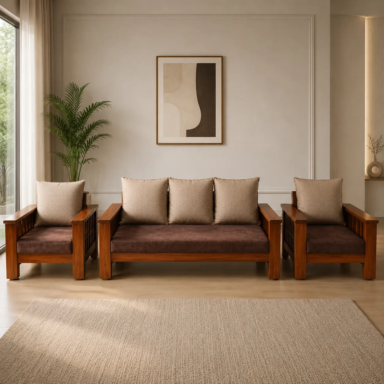 Premium Solid Wooden 1+3+1 Sofa Set with Brown Fabric Cushions