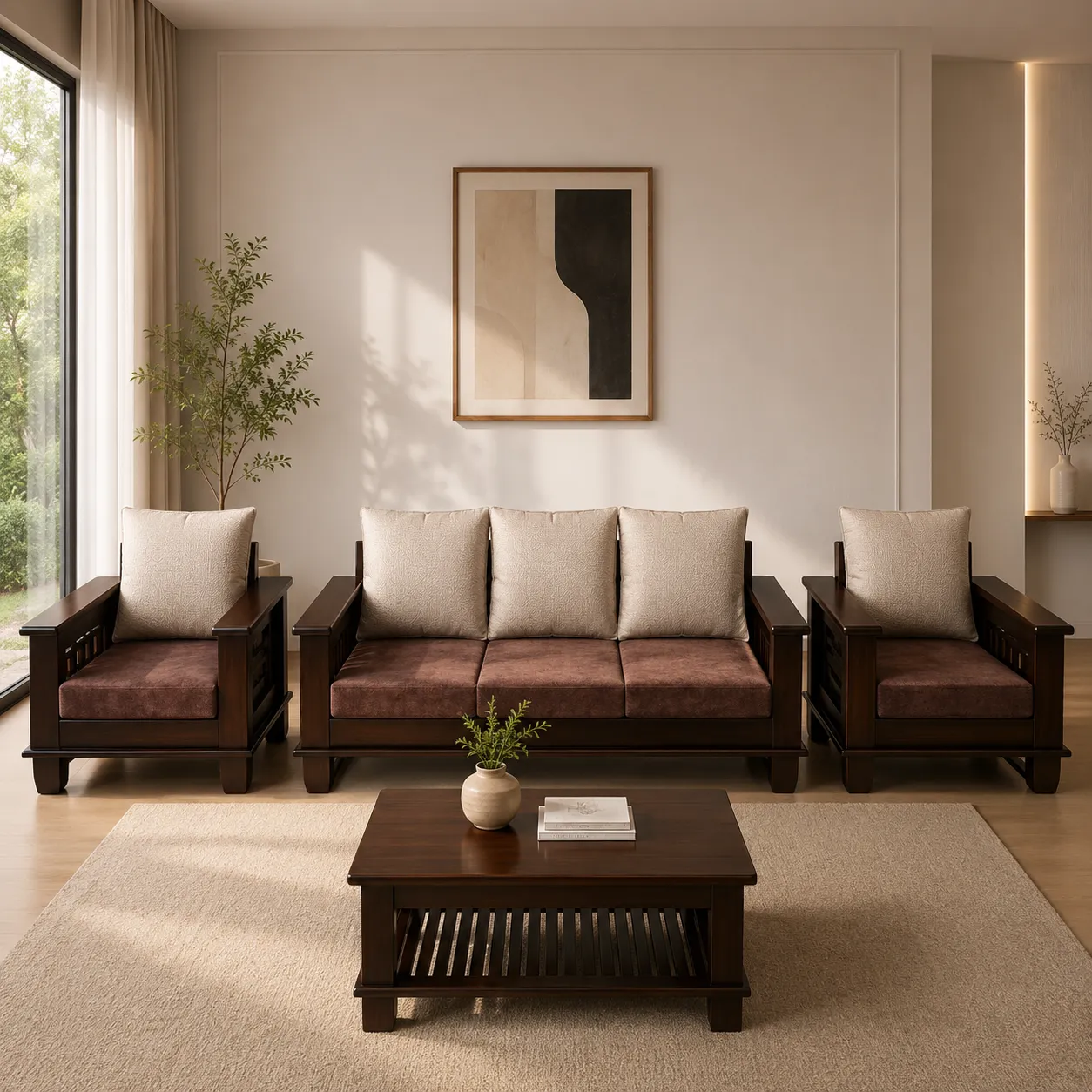Premium Walnut Wooden 1+3+1 Sofa Set with Brown Fabric Cushions