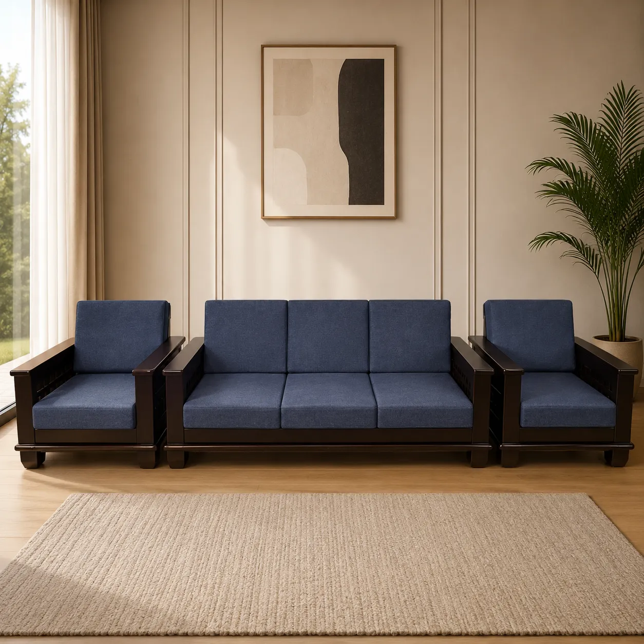 Premium Wooden 1+3+1 Sofa Set with Blue Fabric Cushions